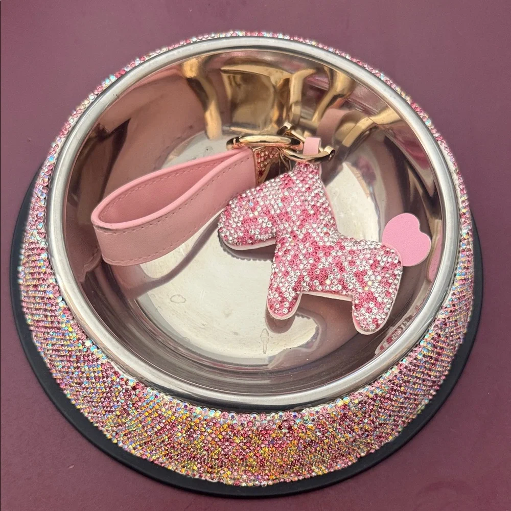 Rhinestone Pink & Silver Doggie Bowl and Rhinwstone Keychain